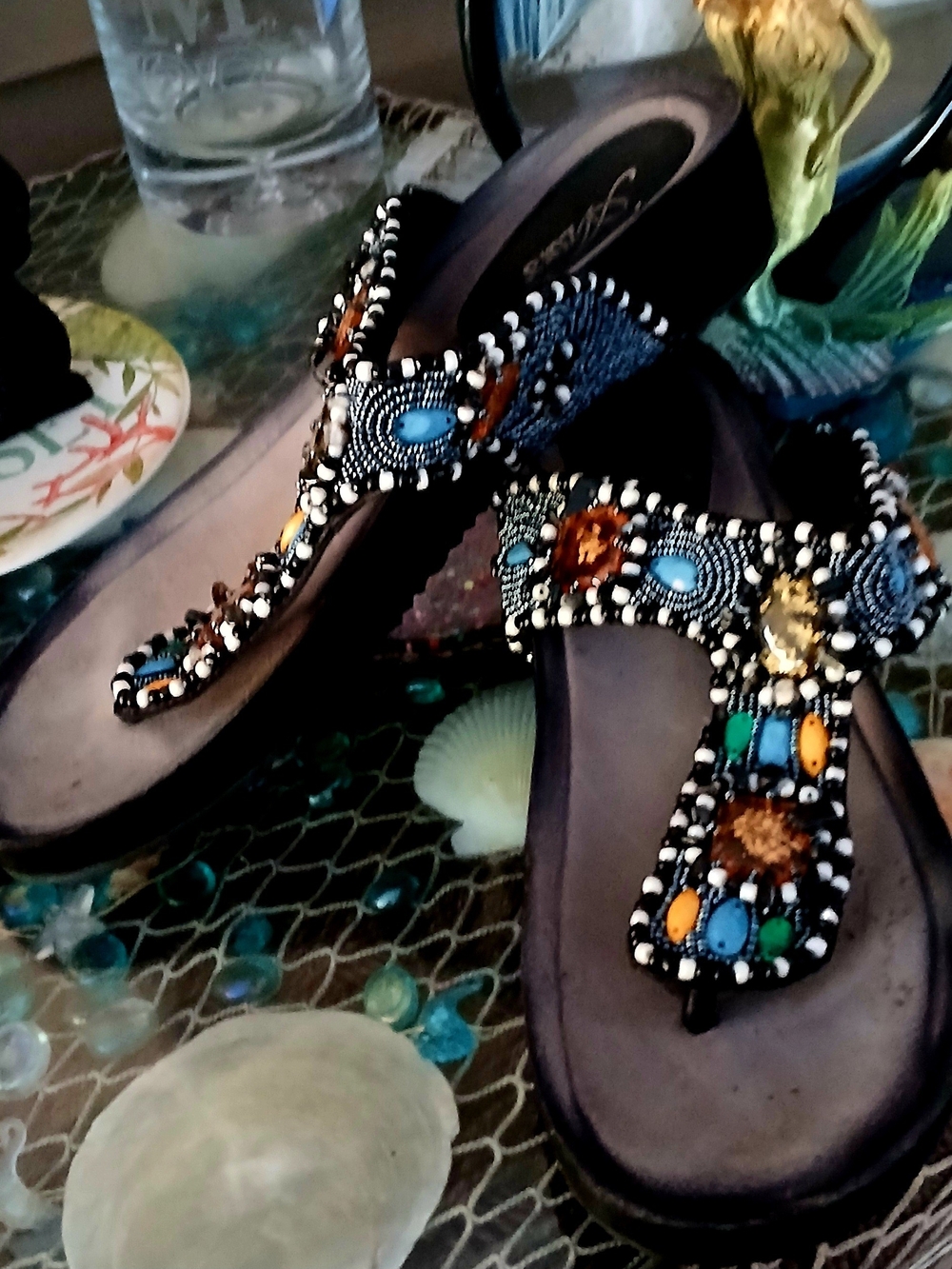 Beaded Embellished Black Thong Sandals - Women